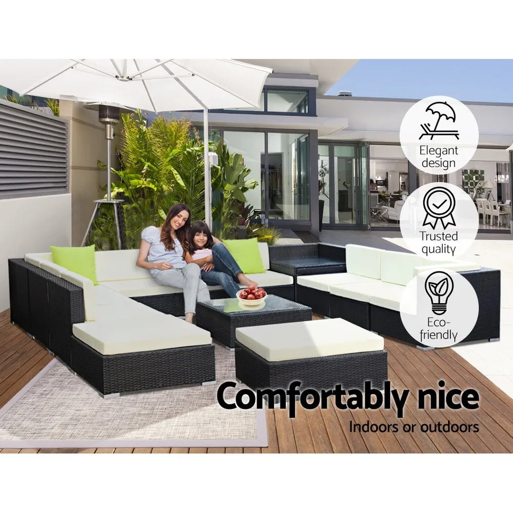 13 Piece Wicker Outdoor Lounge with Storage Cover - Beige