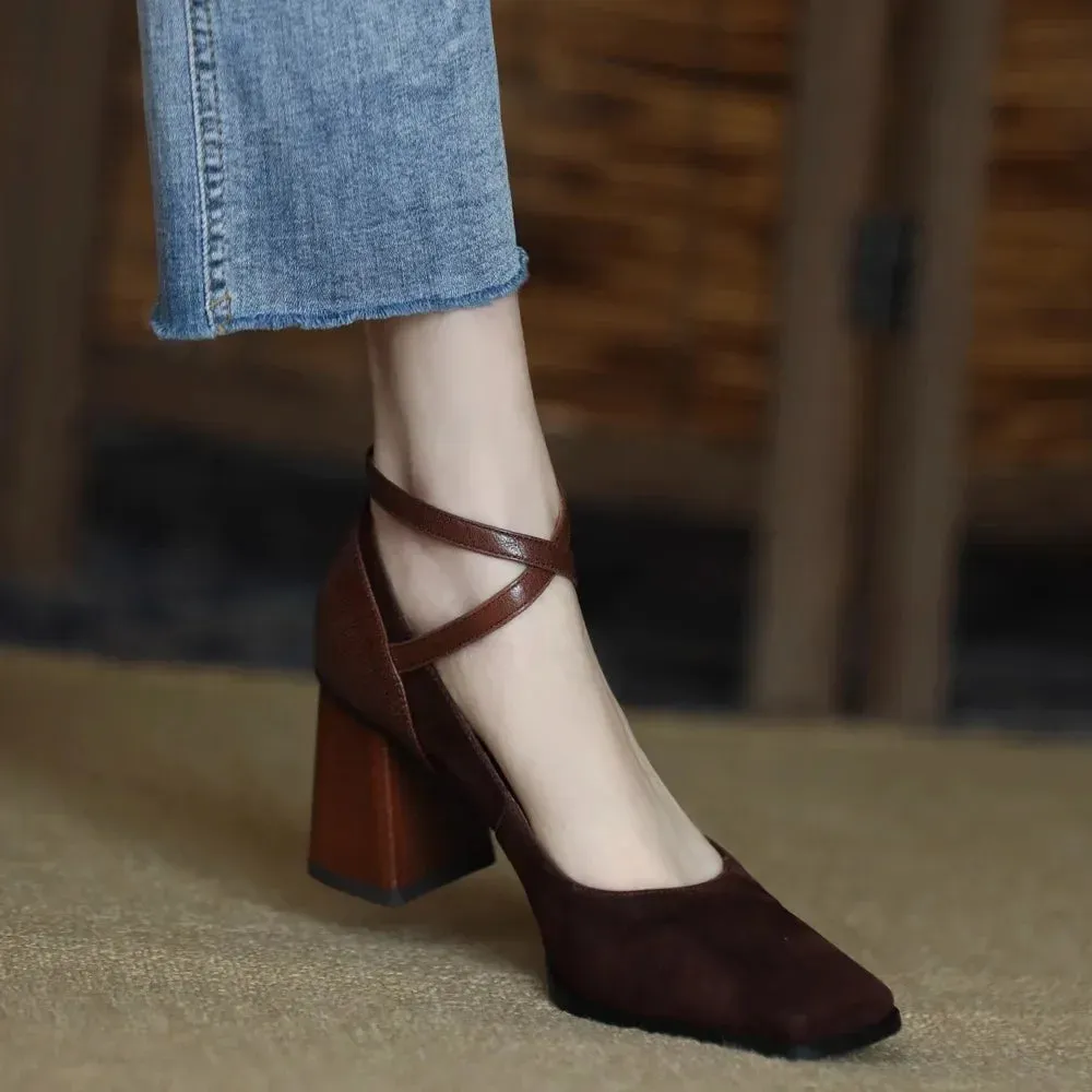 2023 Spring and Autumn New Fashion Square Toe Thick Heel Retro Matte Sexy Trendy Cross Buckle Women's Shoes