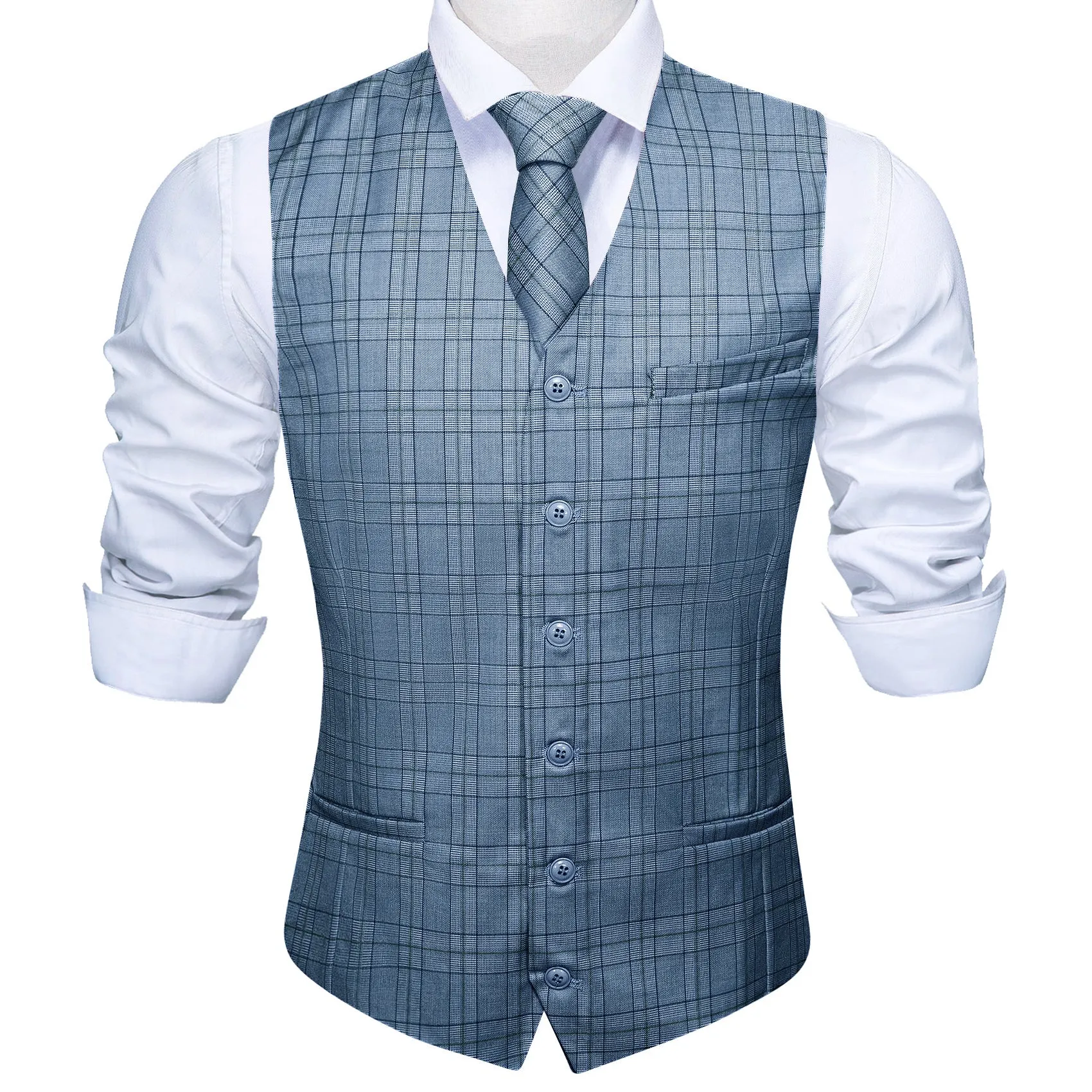 2PCS Blue Plaid Jacquard Men's Vest Tie Set