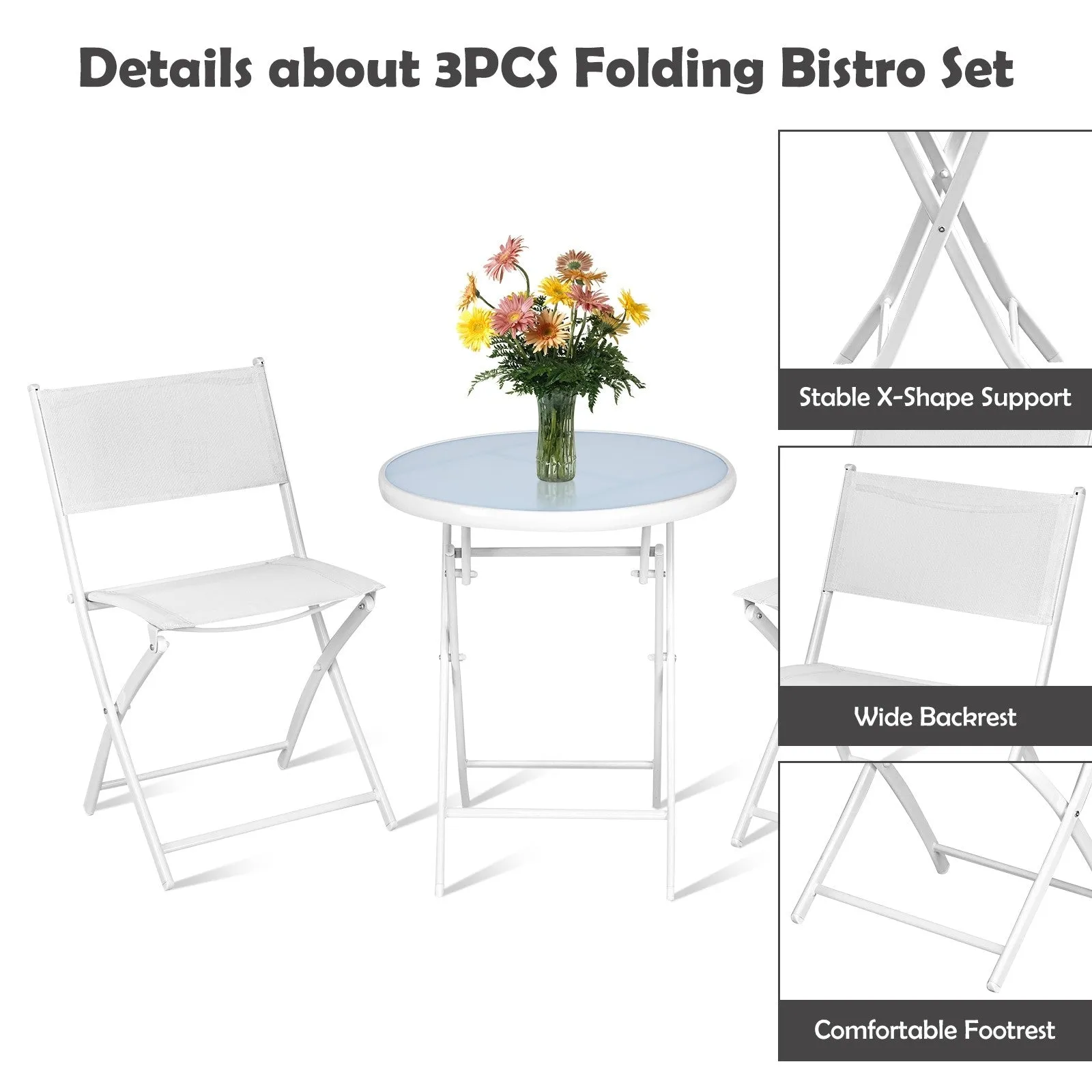 3 Pieces Patio Folding Bistro Set for Balcony or Outdoor Space