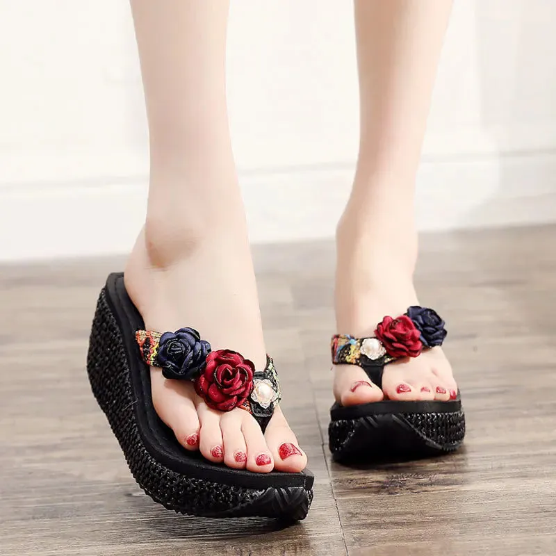 7CM High Heel Floral Flip-Flop String Bead Wedge Outdoor Slipper