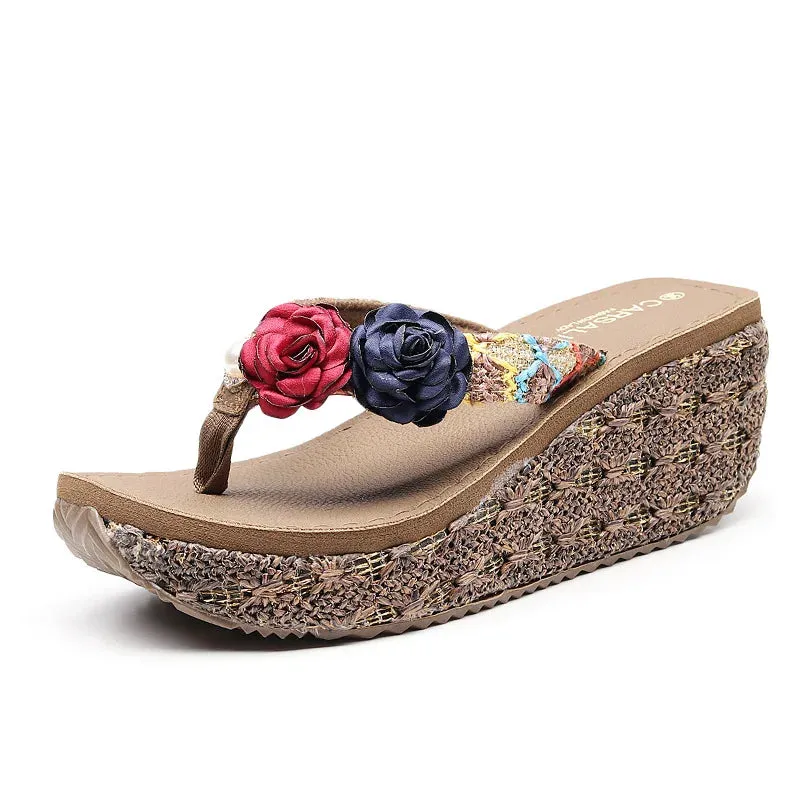 7CM High Heel Floral Flip-Flop String Bead Wedge Outdoor Slipper