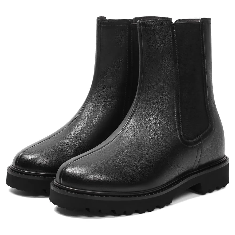 8CM/3.15 Inches CMR CHAMARIPA Women's Height Increasing Black Leather Slip-On Boots