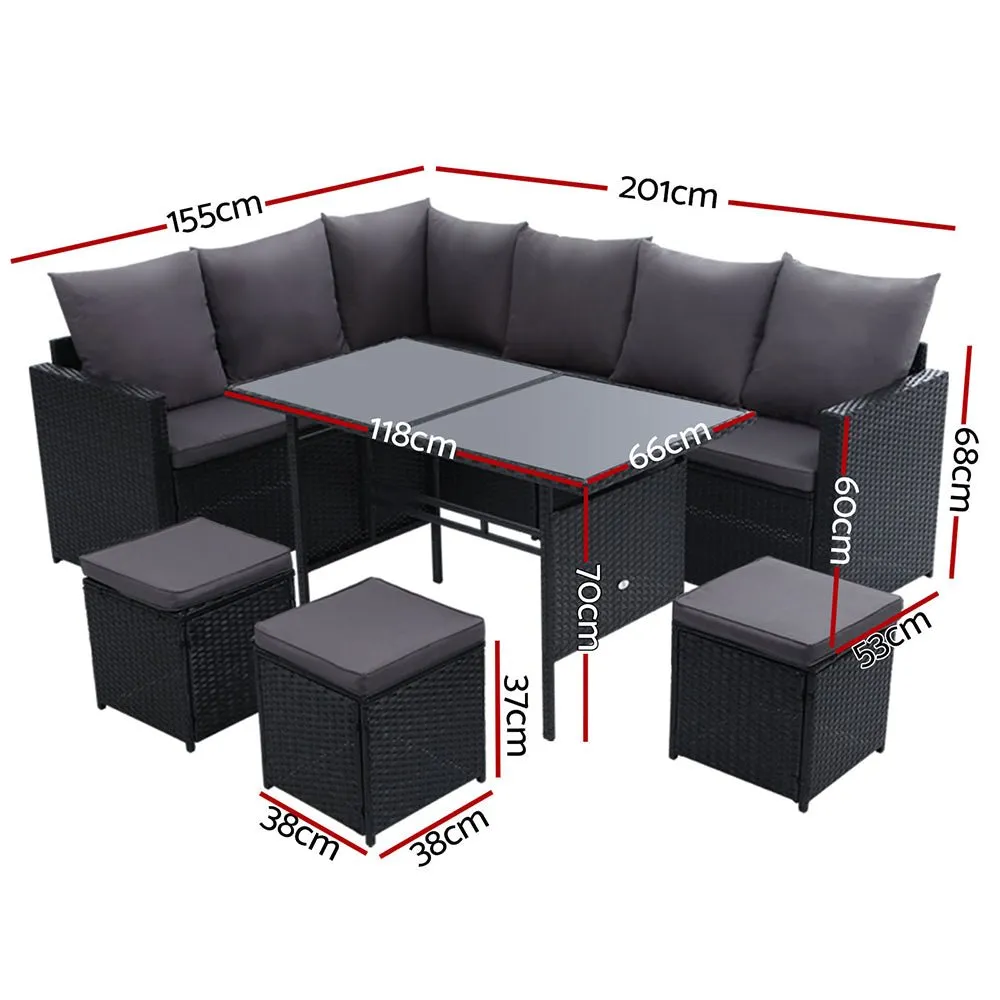 9 Seat Wicker Outdoor Lounge Setting - Black