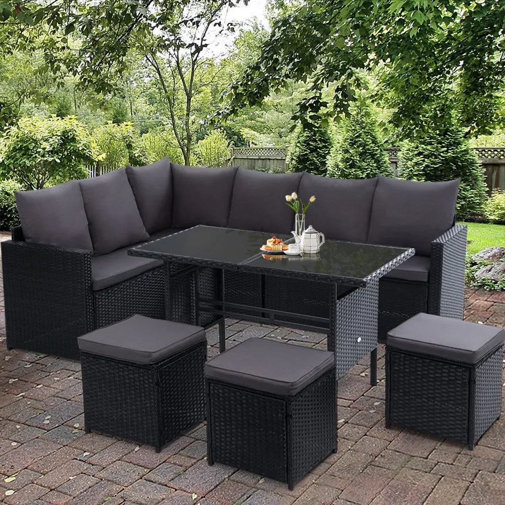 9 Seat Wicker Outdoor Lounge Setting - Black