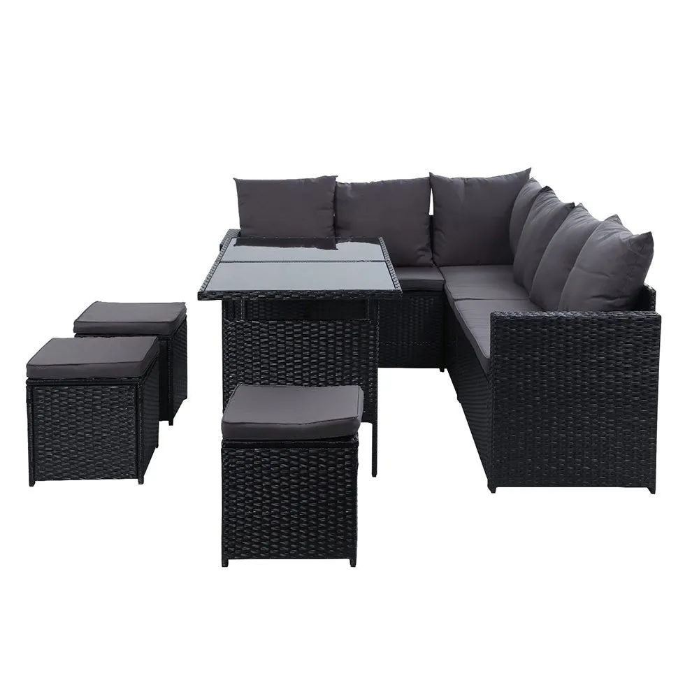 9 Seat Wicker Outdoor Lounge Setting - Black