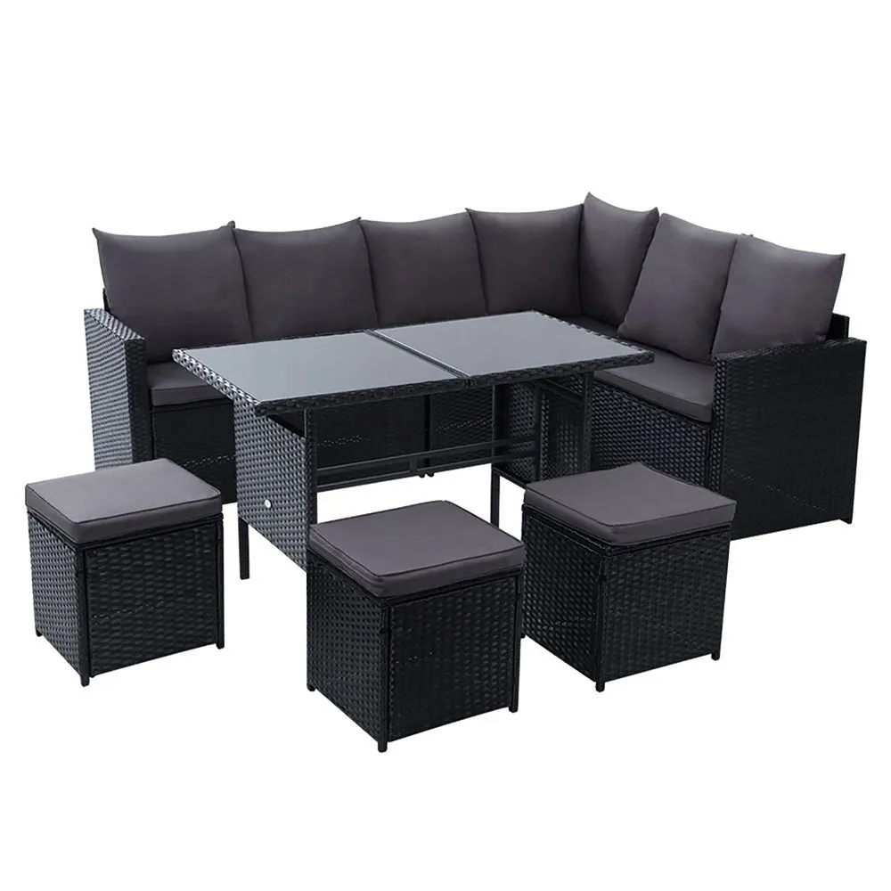 9 Seat Wicker Outdoor Lounge Setting - Black