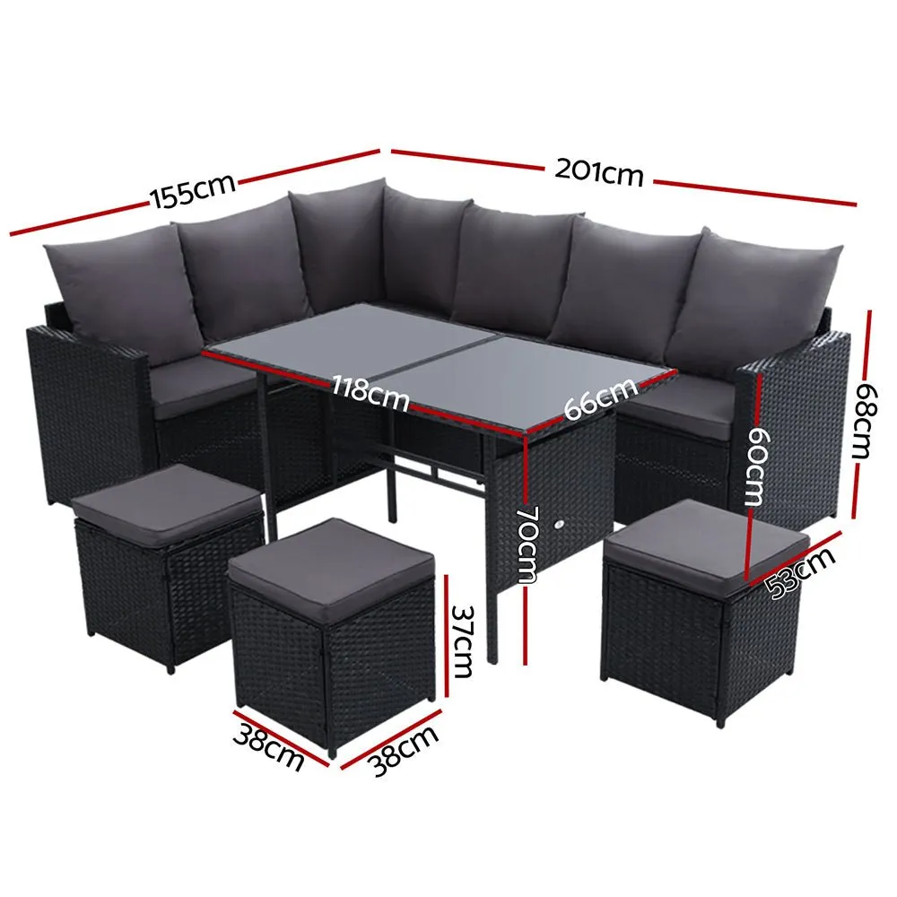 9 Seat Wicker Outdoor Lounge Setting with Storage Cover - Black