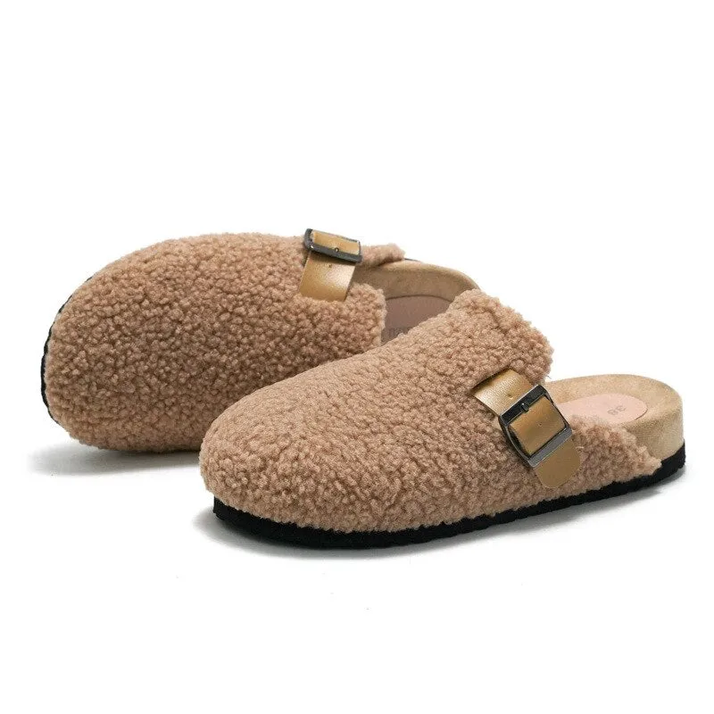 Advbridge Women Fleeces Cork Slippers Autumn Winter Female Comfortable Mules Shoes Ladies Soft Home Shoes Outdoor Non Slip Slides