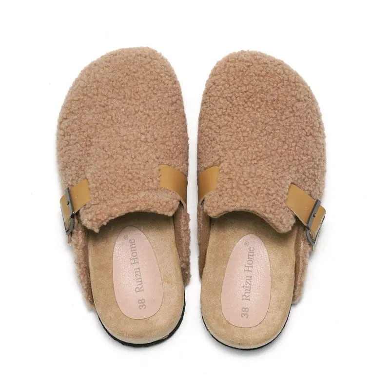 Advbridge Women Fleeces Cork Slippers Autumn Winter Female Comfortable Mules Shoes Ladies Soft Home Shoes Outdoor Non Slip Slides