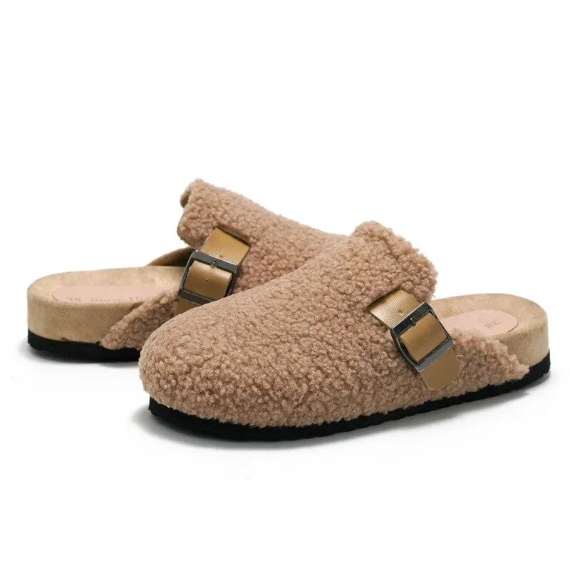 Advbridge Women Fleeces Cork Slippers Autumn Winter Female Comfortable Mules Shoes Ladies Soft Home Shoes Outdoor Non Slip Slides