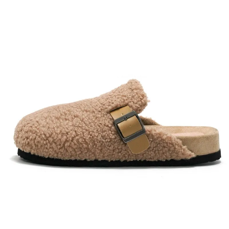 Advbridge Women Fleeces Cork Slippers Autumn Winter Female Comfortable Mules Shoes Ladies Soft Home Shoes Outdoor Non Slip Slides