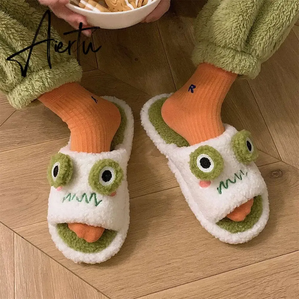 Aiertu Cartoon Funny Frog Fall Home Slippers Green Fluffy Warm Plush Slippers for Women Cute Kawaii Fluzzy Slippers for Girls