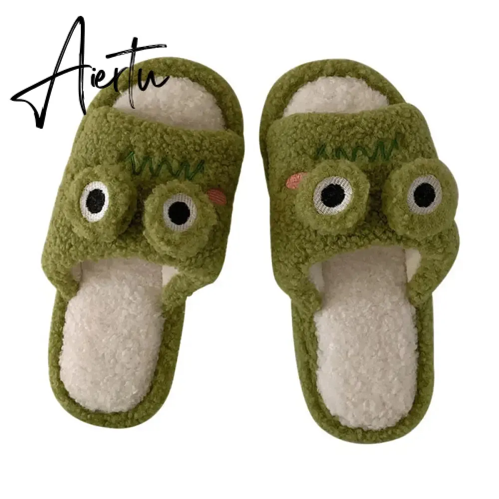 Aiertu Cartoon Funny Frog Fall Home Slippers Green Fluffy Warm Plush Slippers for Women Cute Kawaii Fluzzy Slippers for Girls