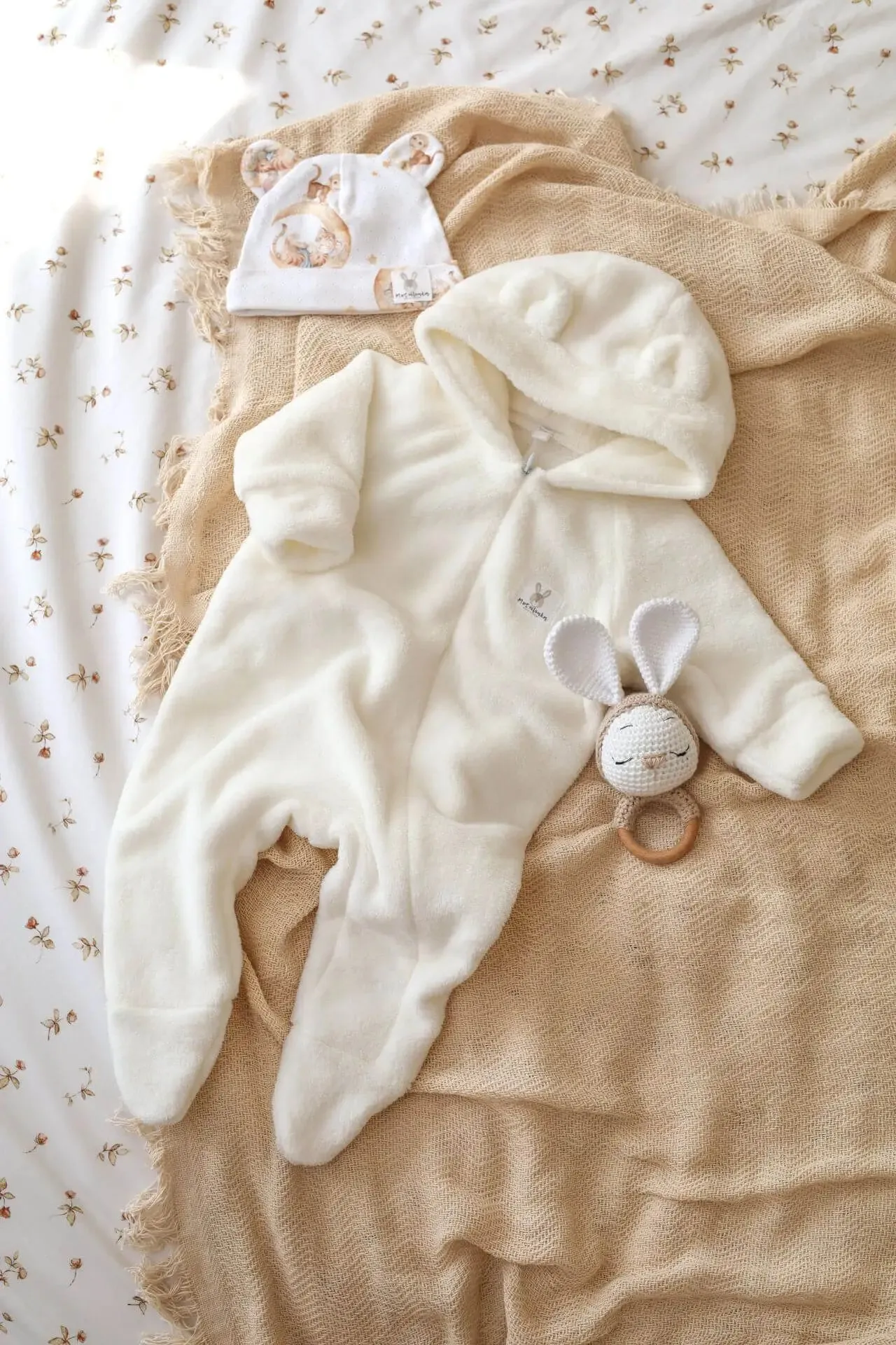 All-in-one Fleece Baby Pramsuit - Cream (0-12 months)