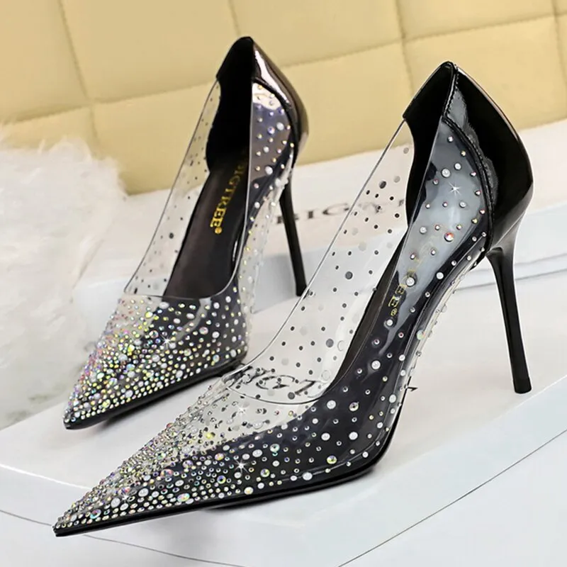 Amozae-2024 Summer Luxury Women 10cm Thin High Heels Pumps Pointed Toe Diamond Pumps Rose Gold Crystal Pumps Prom Large Size 43 Shoes