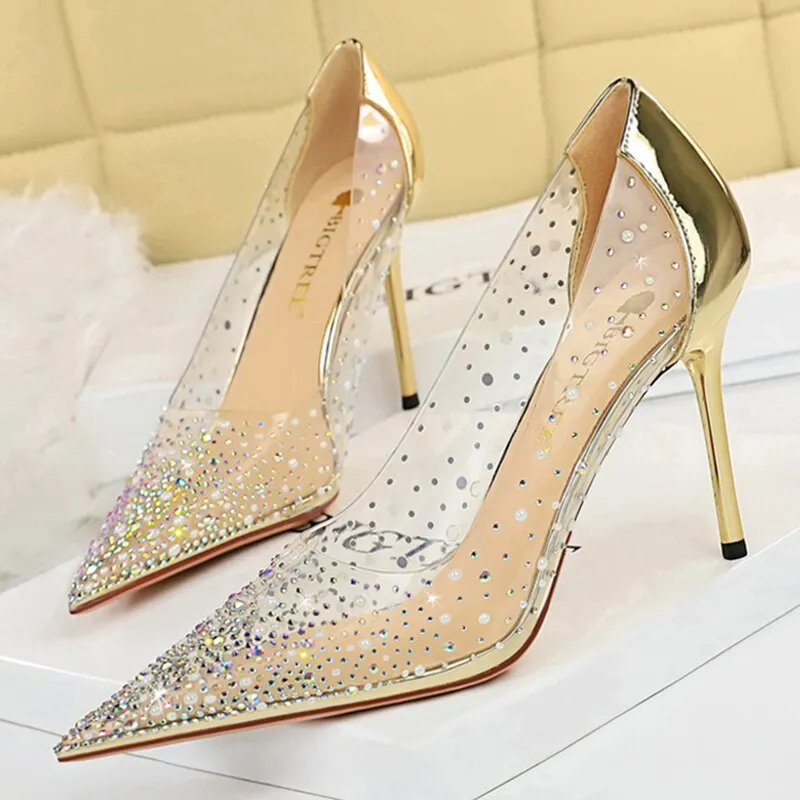 Amozae-2024 Summer Luxury Women 10cm Thin High Heels Pumps Pointed Toe Diamond Pumps Rose Gold Crystal Pumps Prom Large Size 43 Shoes