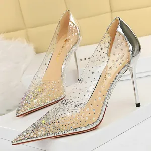 Amozae-2024 Summer Luxury Women 10cm Thin High Heels Pumps Pointed Toe Diamond Pumps Rose Gold Crystal Pumps Prom Large Size 43 Shoes