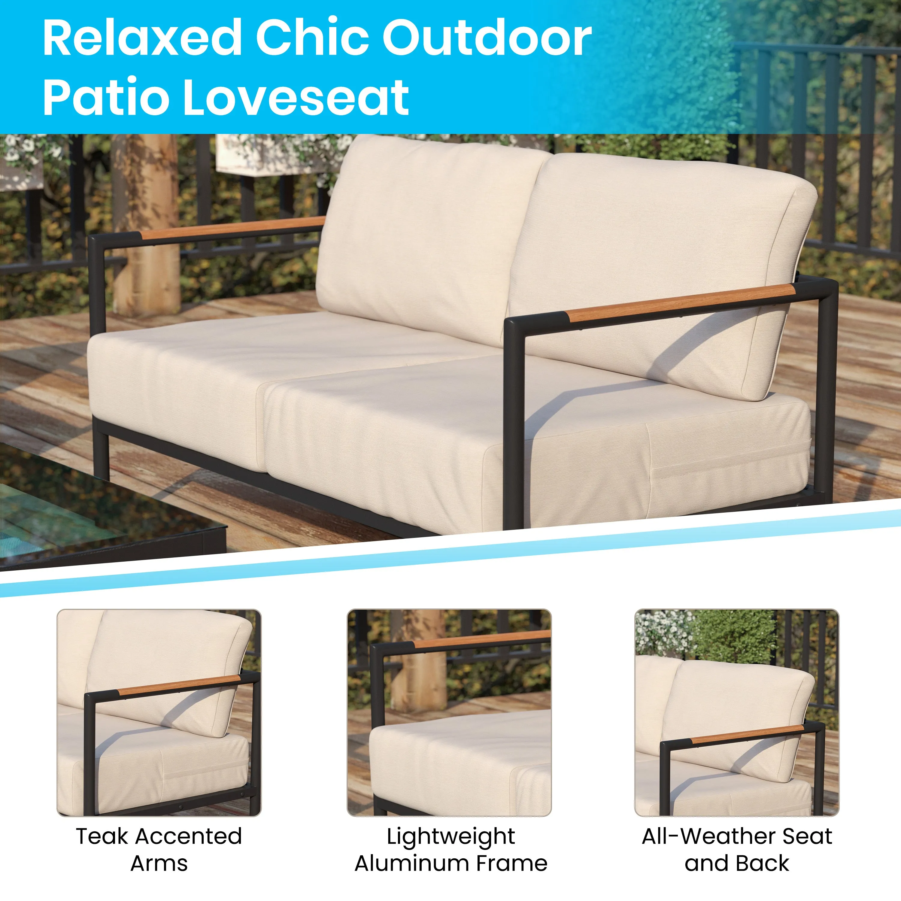 Amy Black Metal Indoor/Outdoor Patio Love Seat with Teak Accented Arms