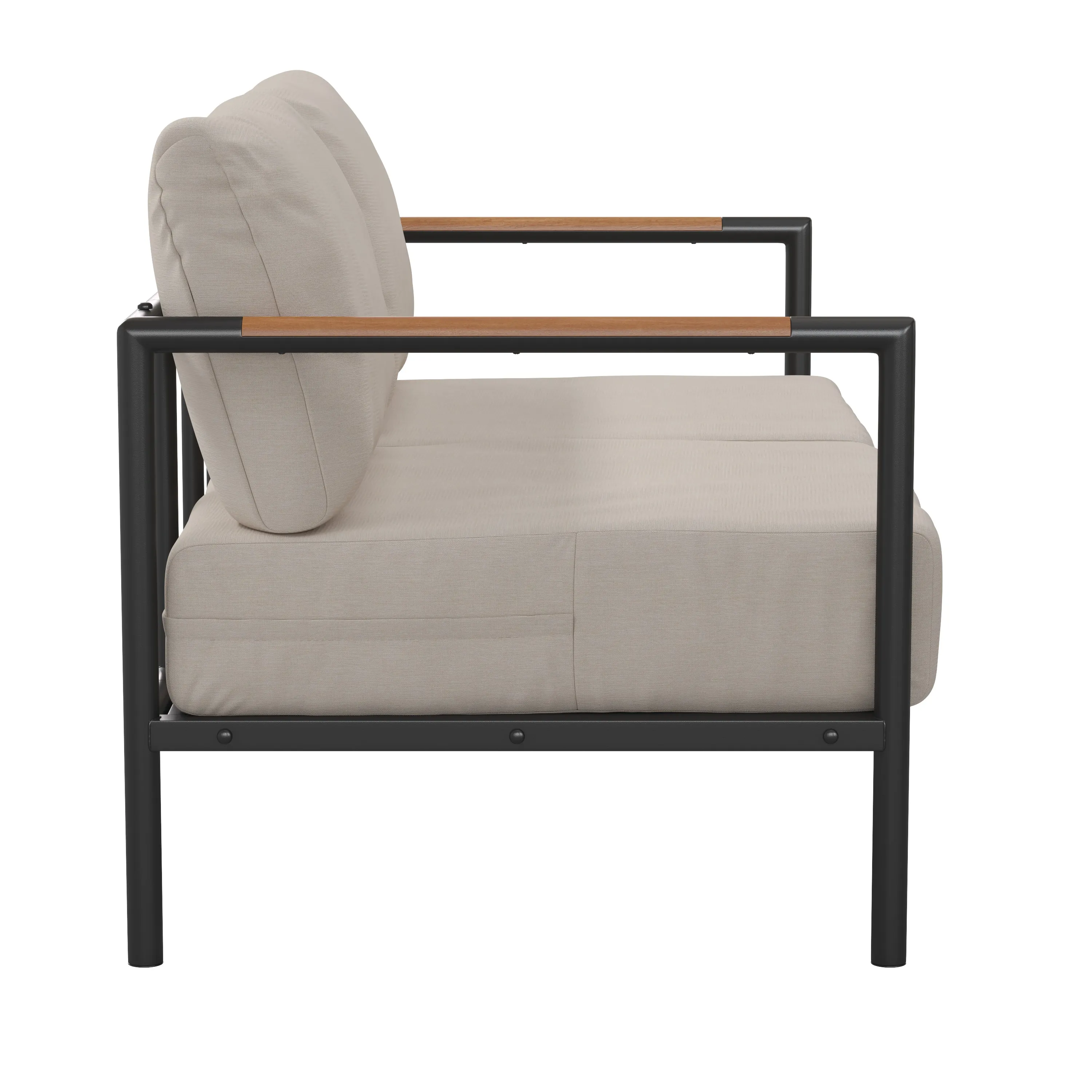 Amy Black Metal Indoor/Outdoor Patio Love Seat with Teak Accented Arms