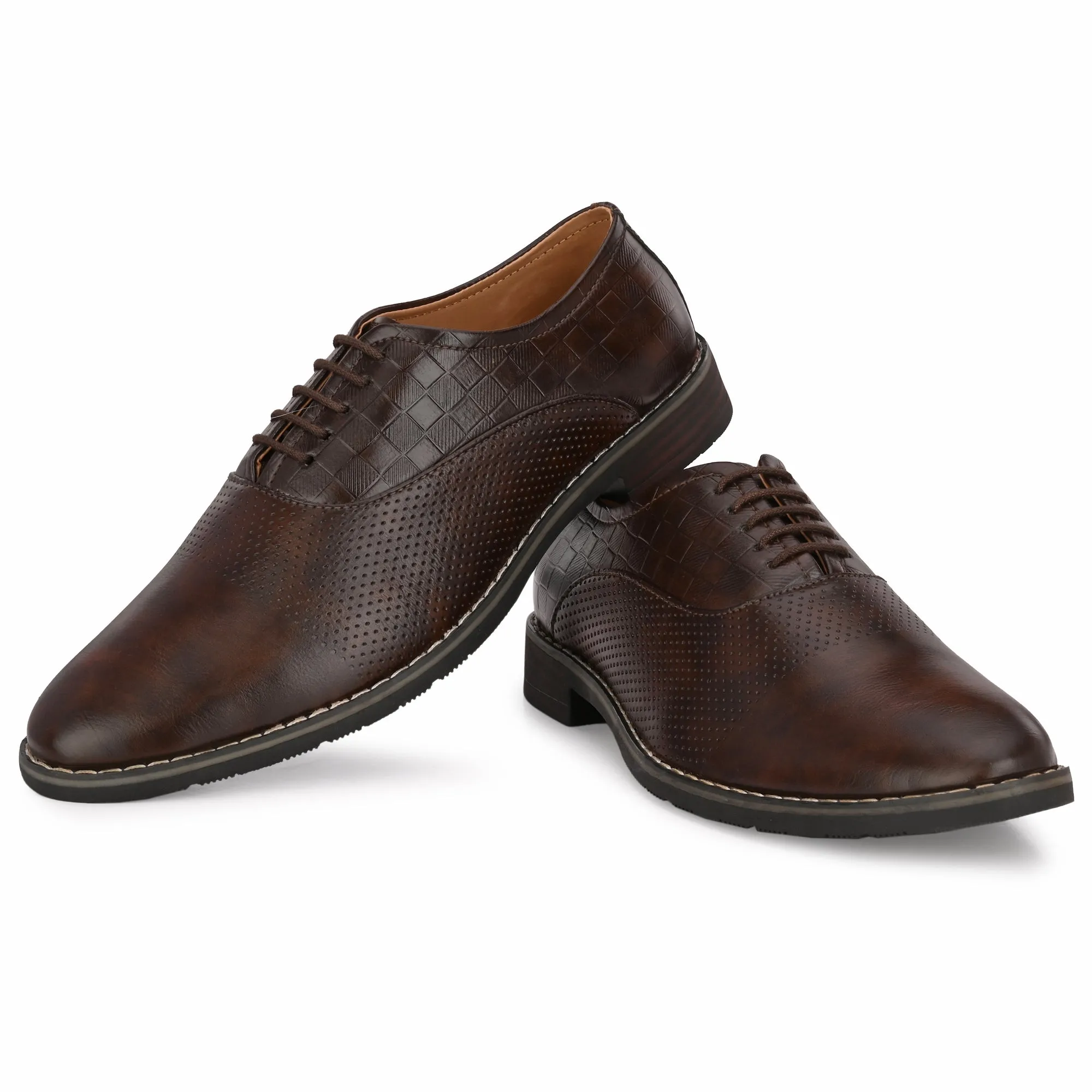 Attitudist Unisex Handcrafted Oxford Brown Formal Laceup Derby Shoes With Textured Upper Material