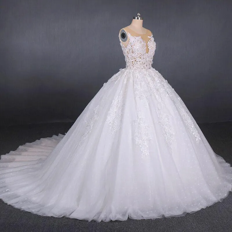 Ball Gown Sheer Neck Sleeveless White Wedding Dresses, Lace Appliqued Bridal Dress UQ2297