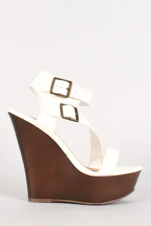 Bamboo Faux Wood Double Buckle Strappy Wedge