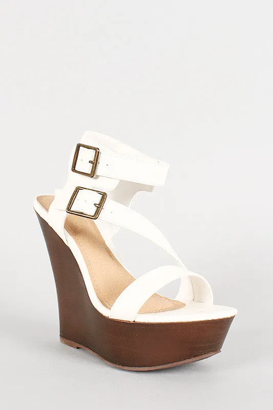 Bamboo Faux Wood Double Buckle Strappy Wedge