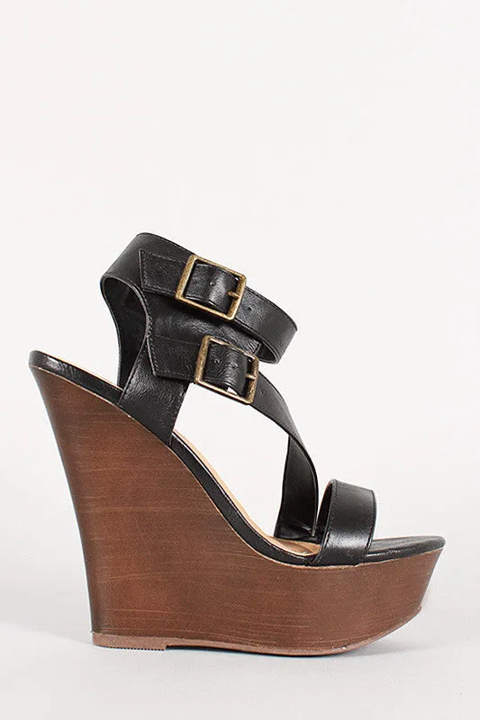 Bamboo Faux Wood Double Buckle Strappy Wedge