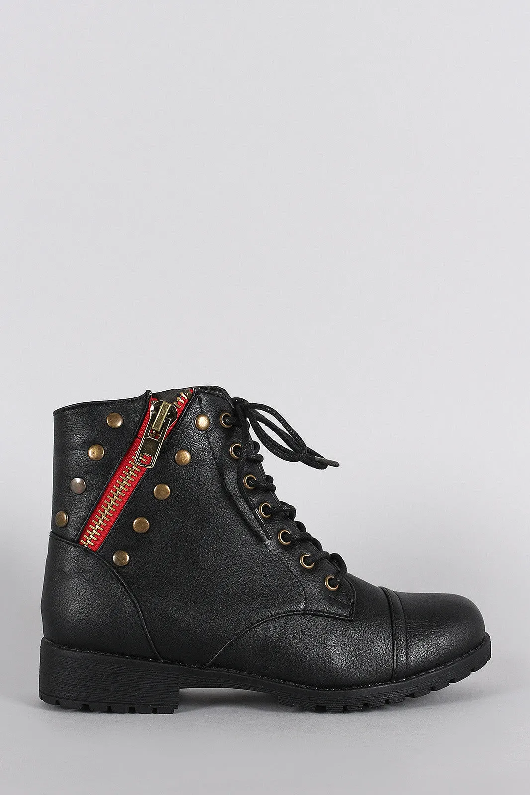 Bamboo Studded Zipper Combat Lace Up Flat Ankle Boots