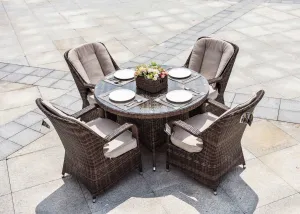 Bavaro 5-Piece Brown Wicker Round Outdoor Dining Set With Beige Cushions