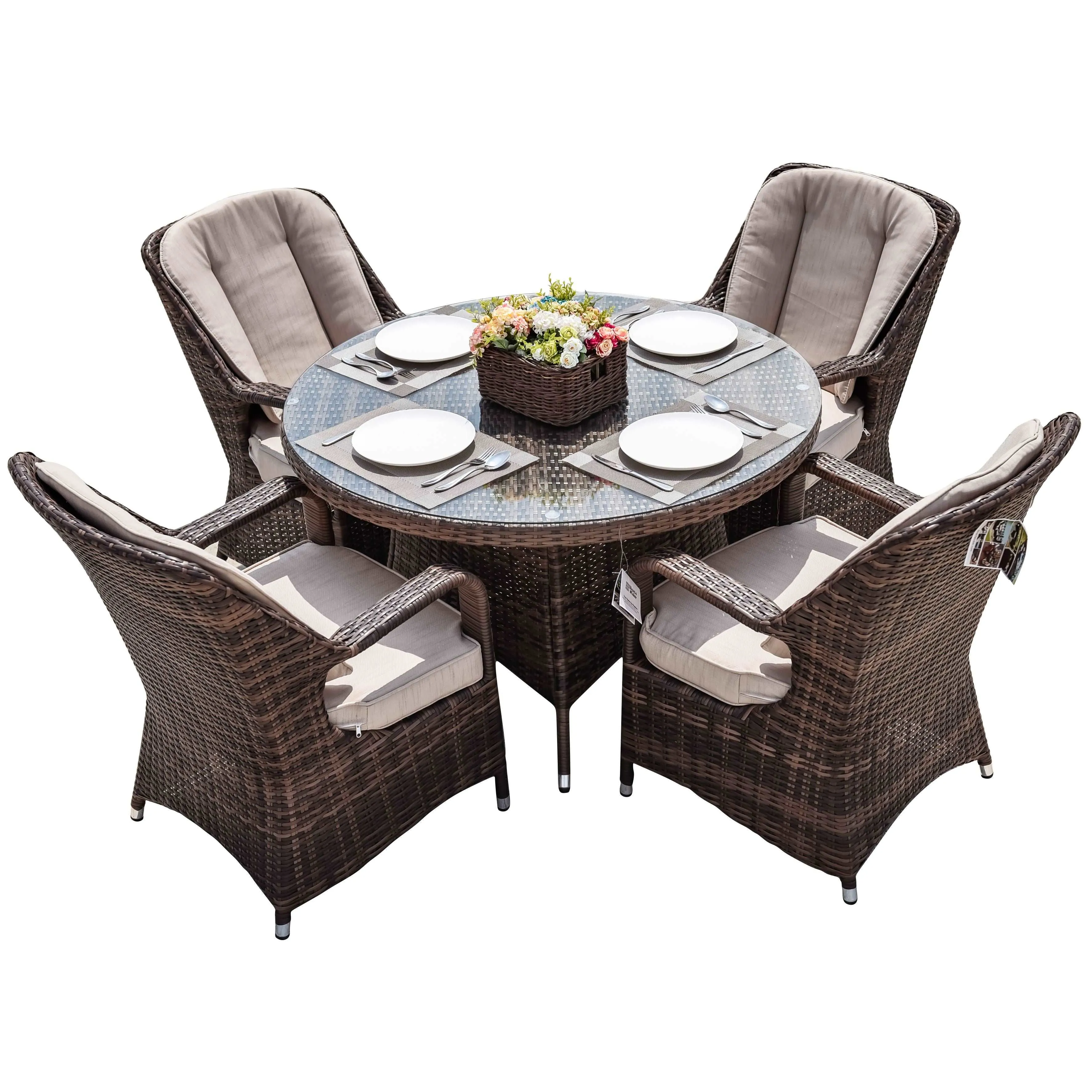 Bavaro 5-Piece Brown Wicker Round Outdoor Dining Set With Beige Cushions