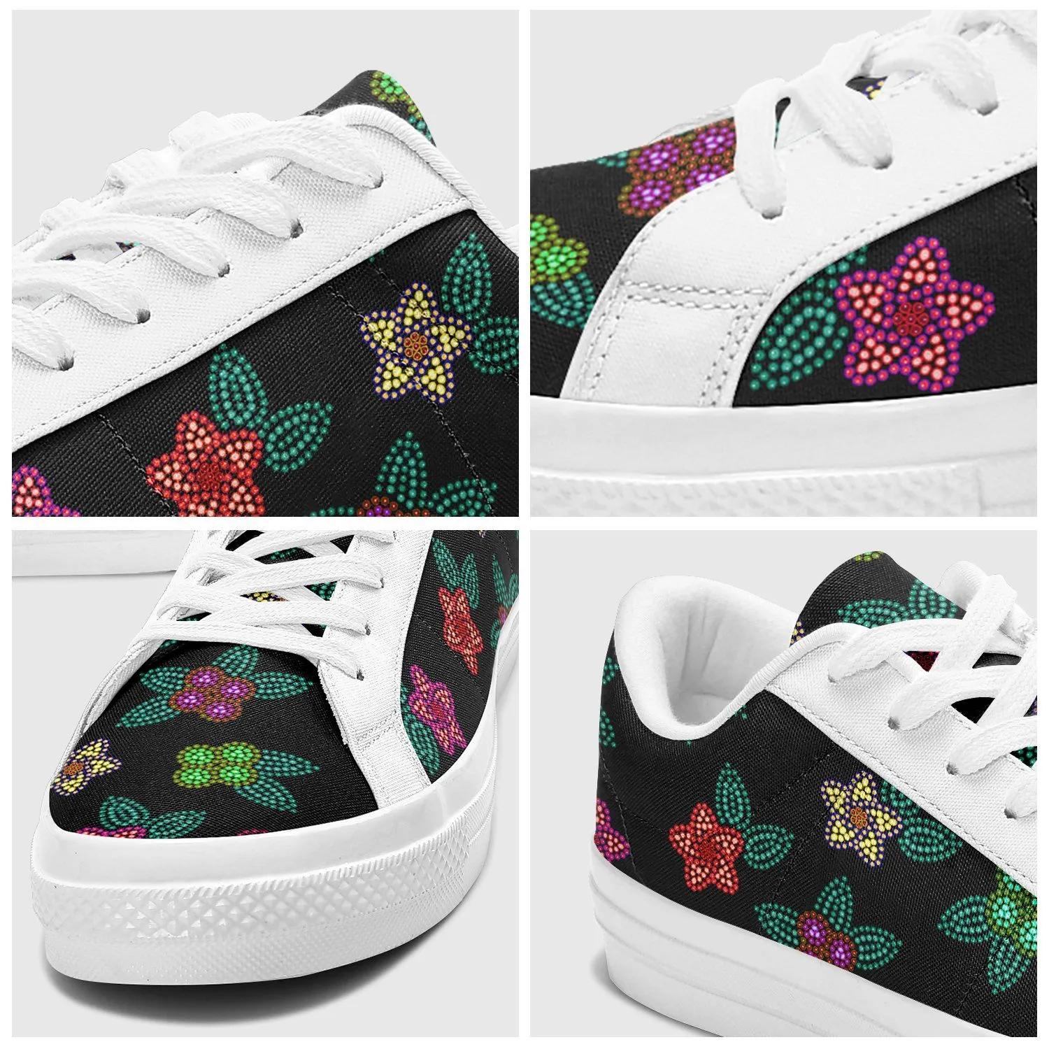 Berry Flowers Black Aapisi Low Top Canvas Shoes White Sole