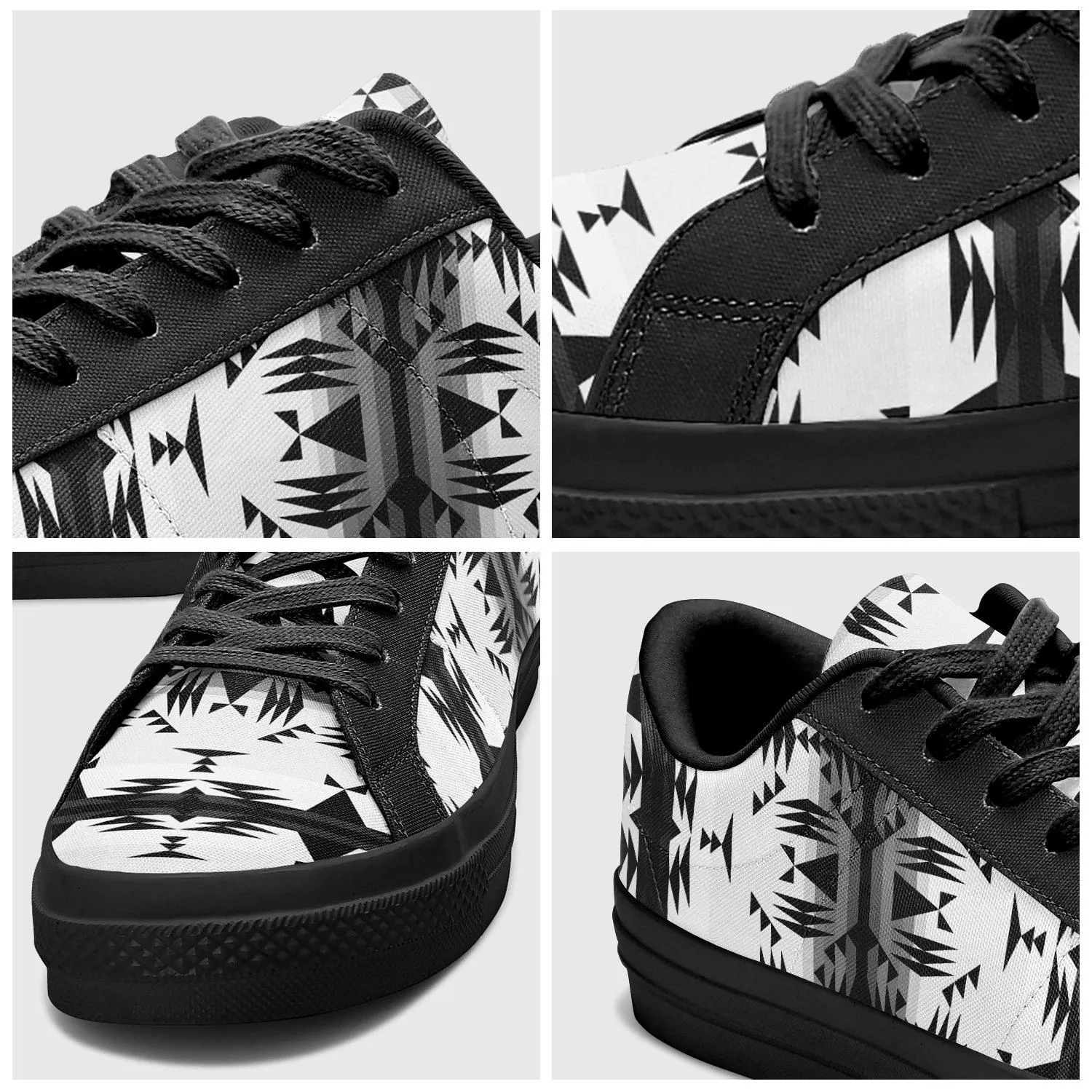 Between the Mountains White and Black Aapisi Low Top Canvas Shoes Black Sole