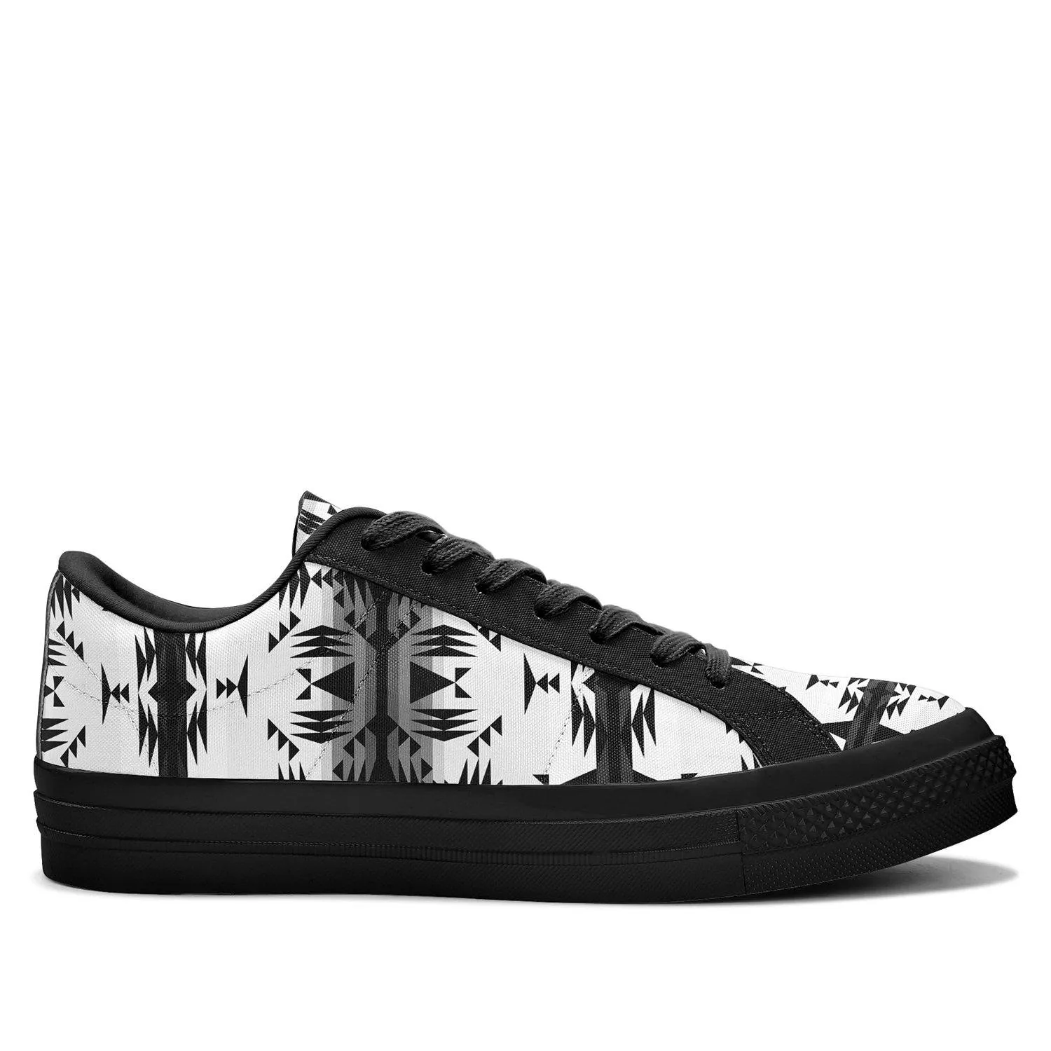 Between the Mountains White and Black Aapisi Low Top Canvas Shoes Black Sole