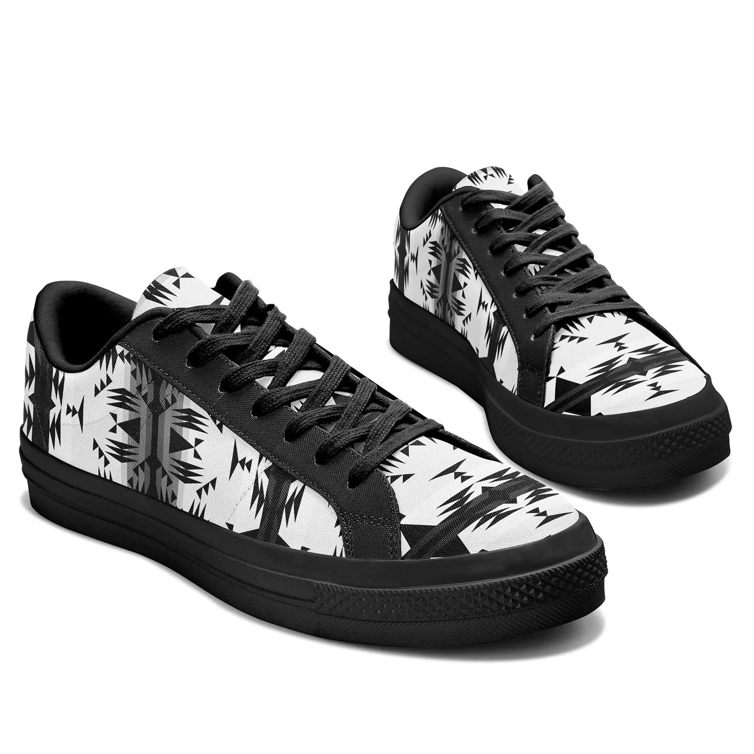 Between the Mountains White and Black Aapisi Low Top Canvas Shoes Black Sole