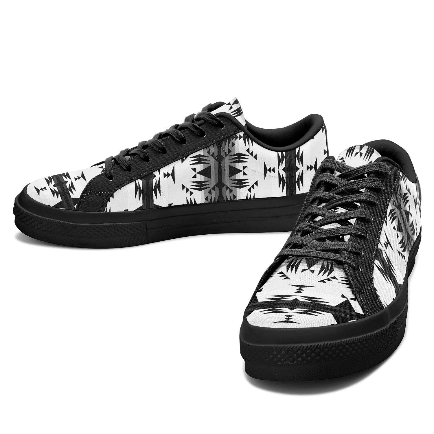 Between the Mountains White and Black Aapisi Low Top Canvas Shoes Black Sole