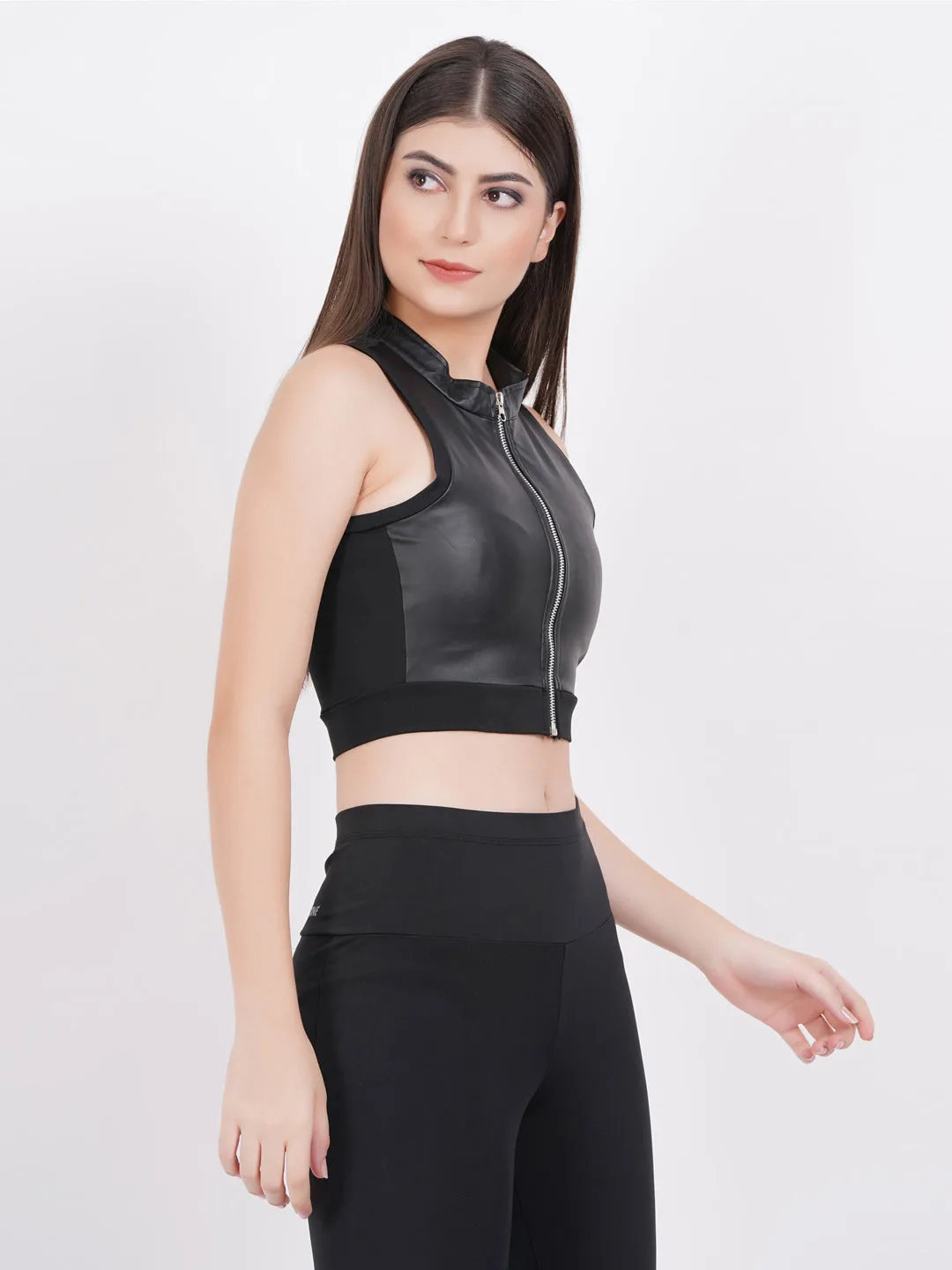 Black leather Patch Sports Bra for Women