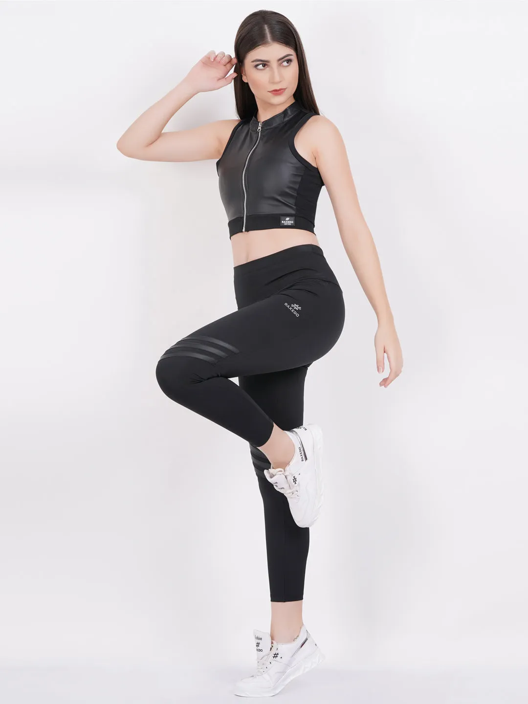 Black leather Patch Sports Bra for Women