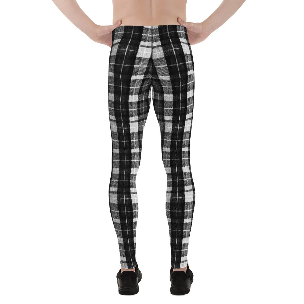 Black Tartan Plaid Meggings, Flexible Men's Running Leggings Run Tights- Made in USA/EU