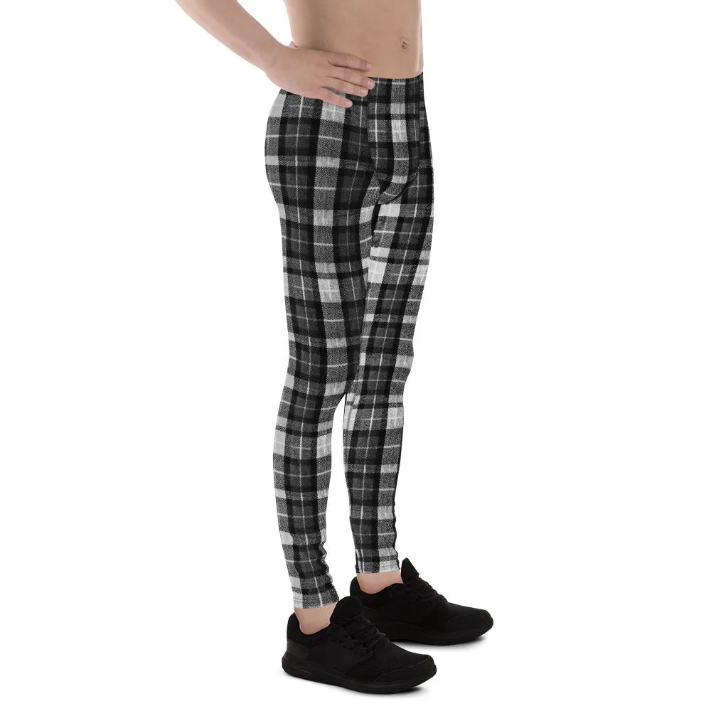 Black Tartan Plaid Meggings, Flexible Men's Running Leggings Run Tights- Made in USA/EU