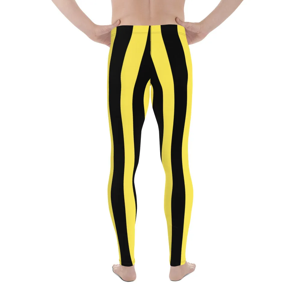 Black Yellow Stripes Men's Leggings, Colorful Patterned Designer Best Men's Leggings - Made in USA/EU/MX