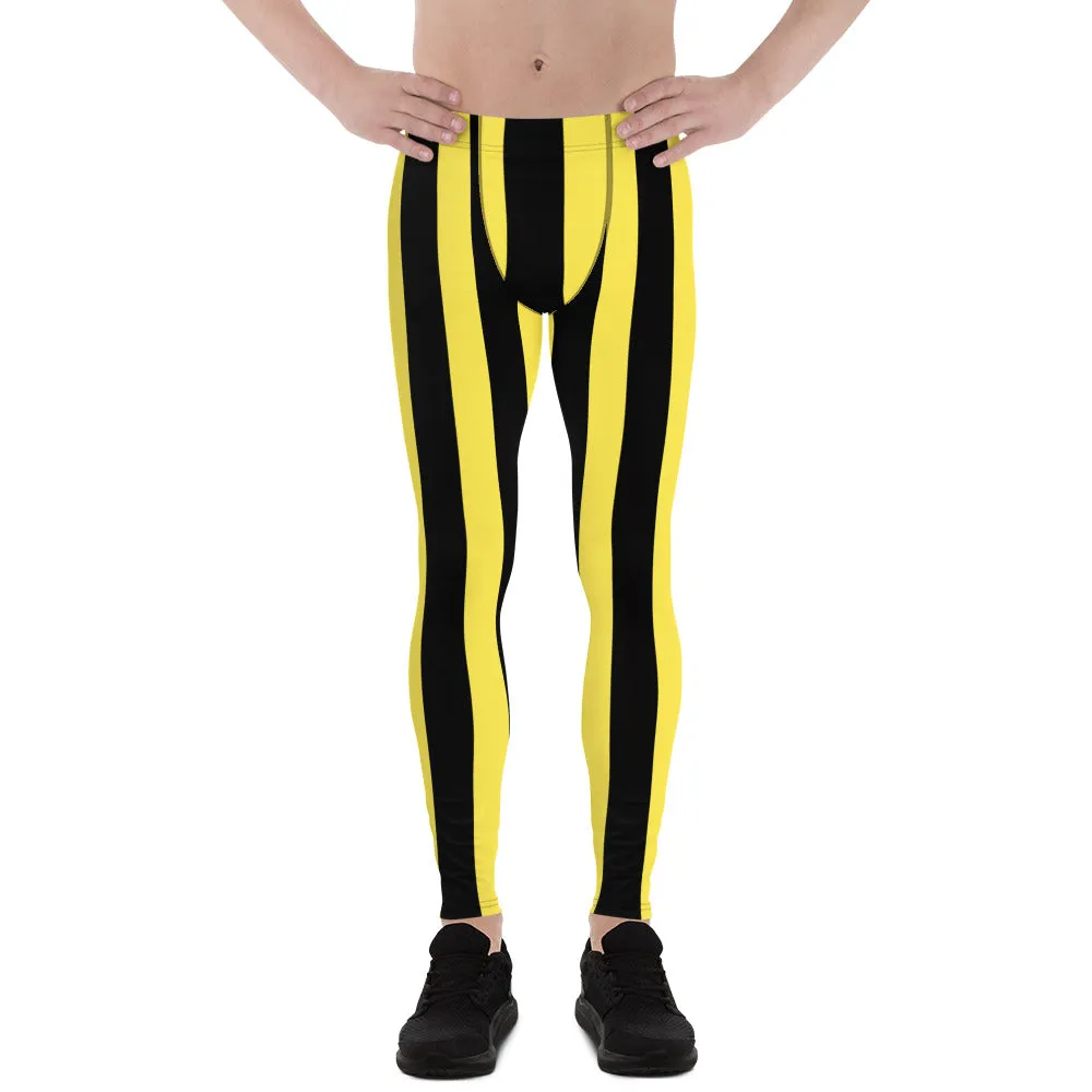 Black Yellow Stripes Men's Leggings, Colorful Patterned Designer Best Men's Leggings - Made in USA/EU/MX