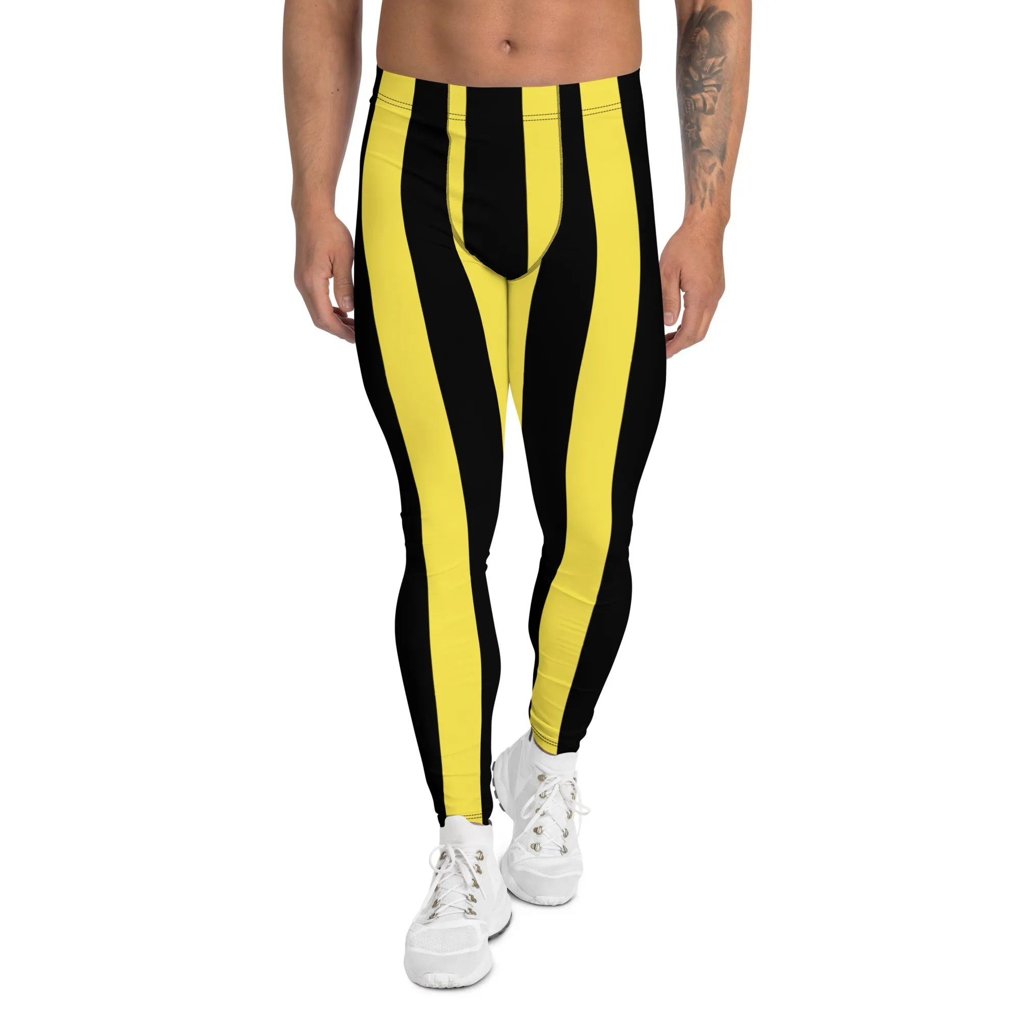 Black Yellow Stripes Men's Leggings, Colorful Patterned Designer Best Men's Leggings - Made in USA/EU/MX