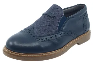 BluBlonc Boy's & Girl's Navy Leather with Linen Textile Middle Moc Oxford Shoe