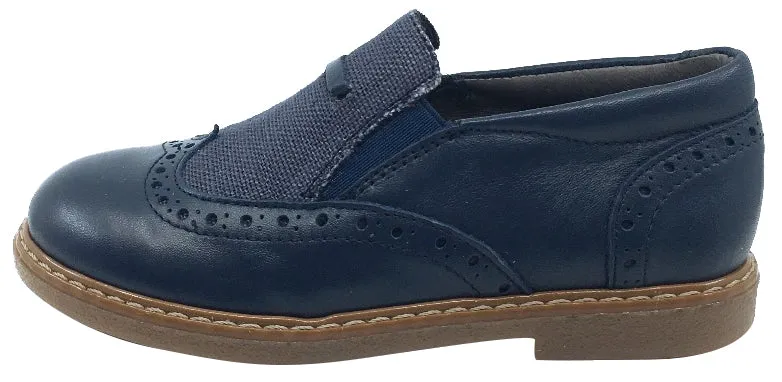 BluBlonc Boy's & Girl's Navy Leather with Linen Textile Middle Moc Oxford Shoe