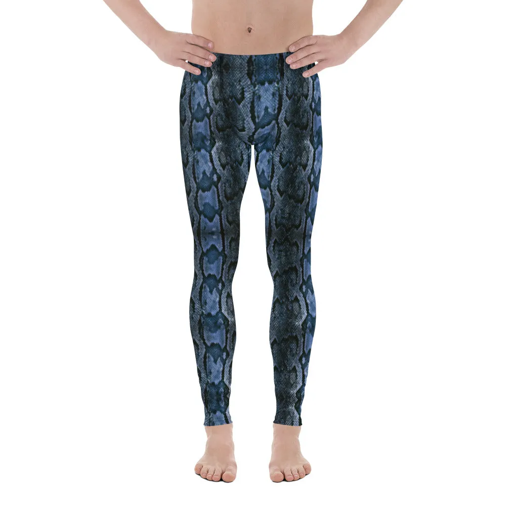 Blue Snake Print Men's Leggings, Python Snake Skin Rave Party Tights For Men -Made in USA/EU