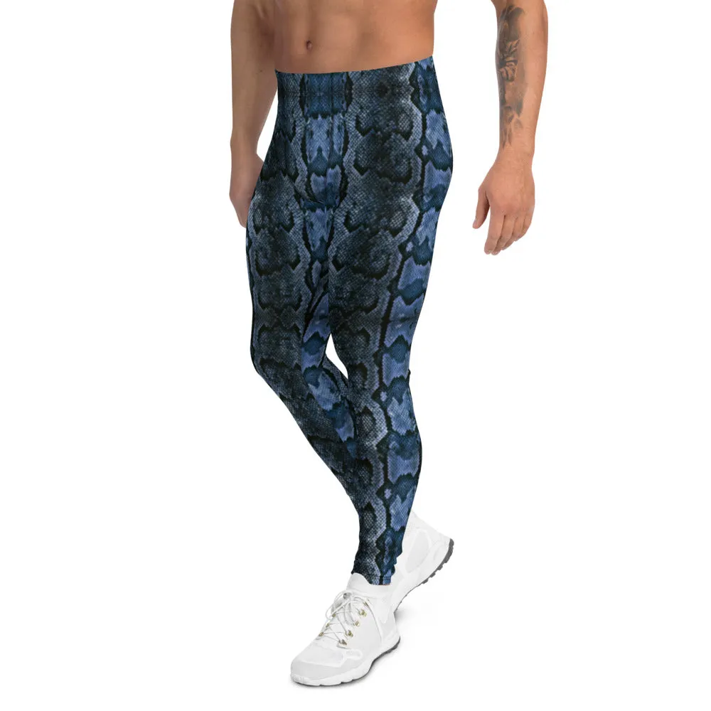 Blue Snake Print Men's Leggings, Python Snake Skin Rave Party Tights For Men -Made in USA/EU