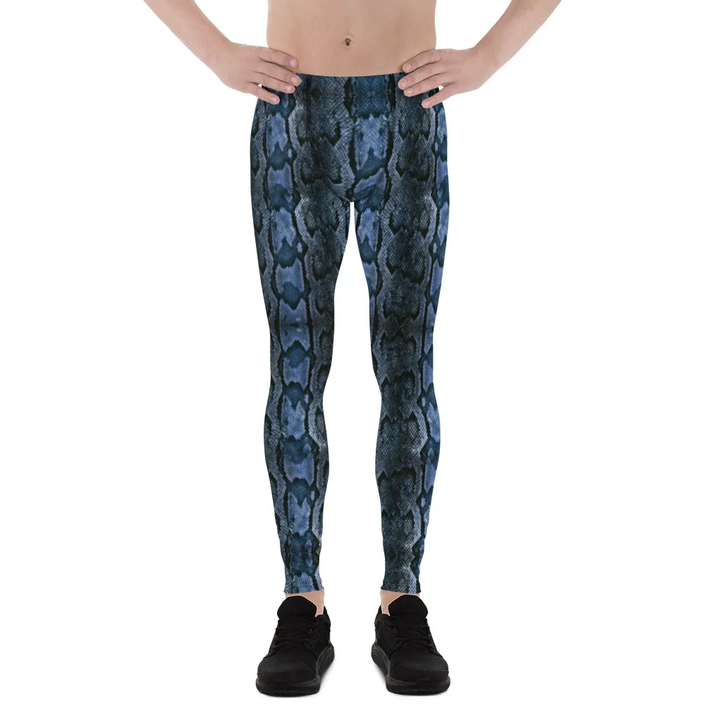 Blue Snake Print Men's Leggings, Python Snake Skin Rave Party Tights For Men -Made in USA/EU