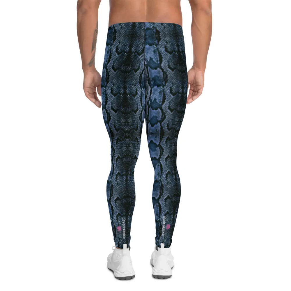 Blue Snake Print Men's Leggings, Python Snake Skin Rave Party Tights For Men -Made in USA/EU